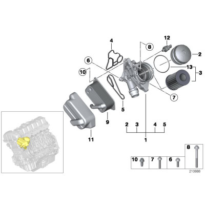 BMW 1-5 Seriya F20/F21/F22/F30/F32/F36/F10 (2010-2016), N20 Mühərrik Yağ radiatorun araqatı, BMW Group, 11428637820